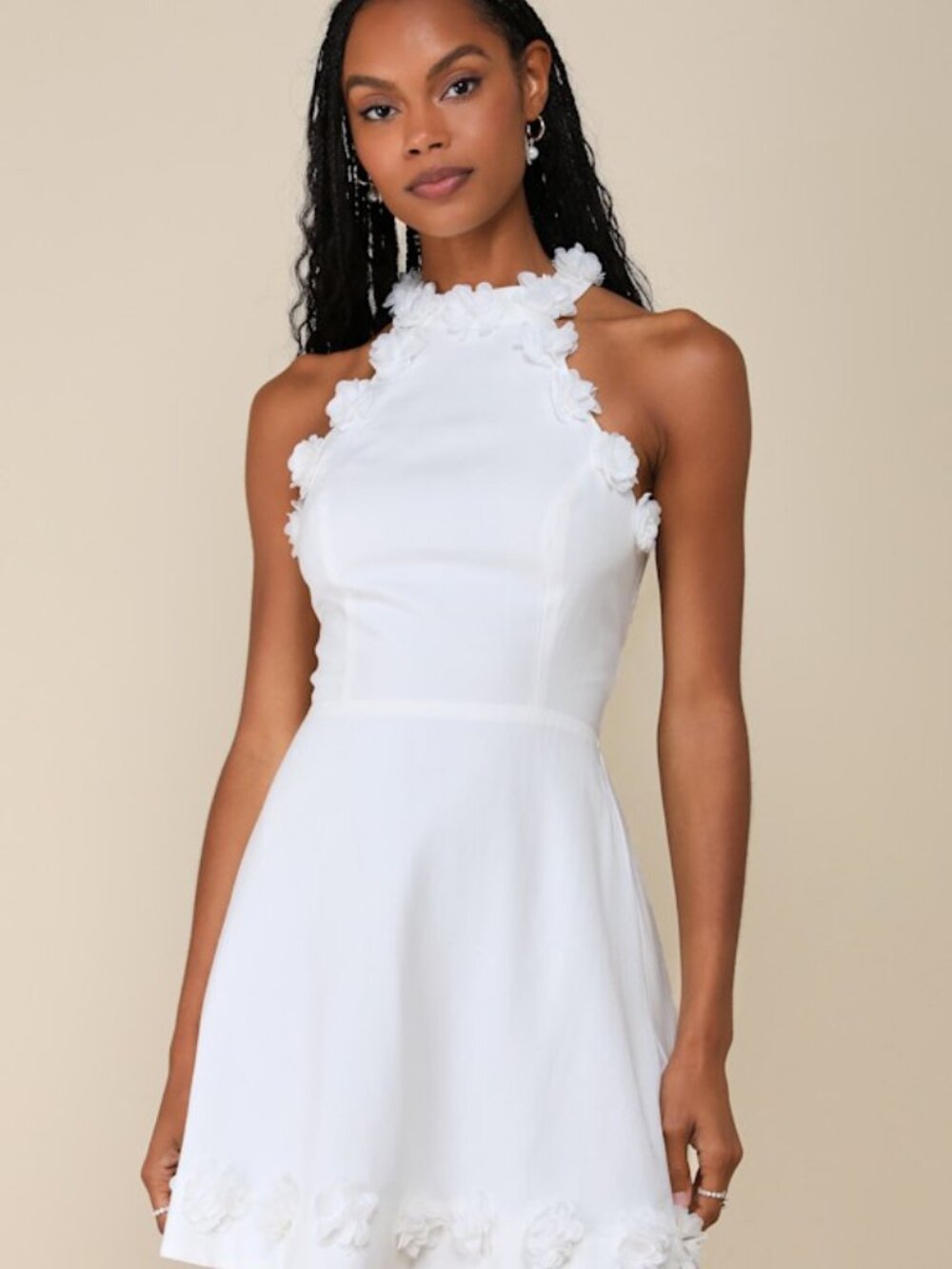 Lulus Profound Poise White Linen 3d Floral Mock Neck Mini Dress - Size XS